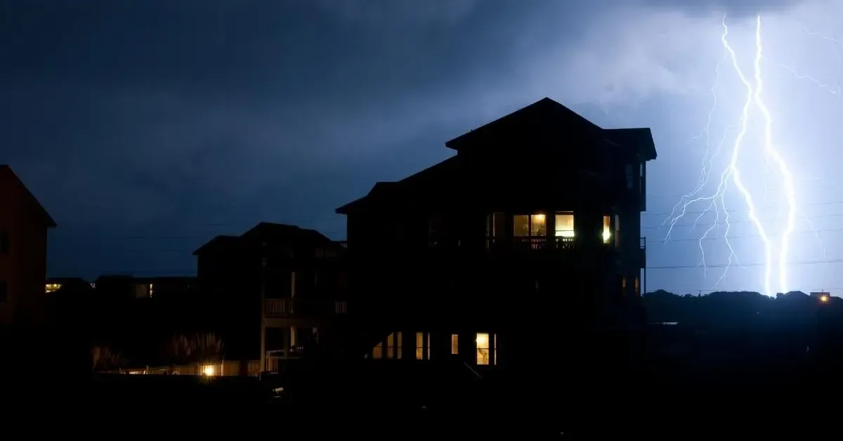 House with no energy with a lightning flash in the background