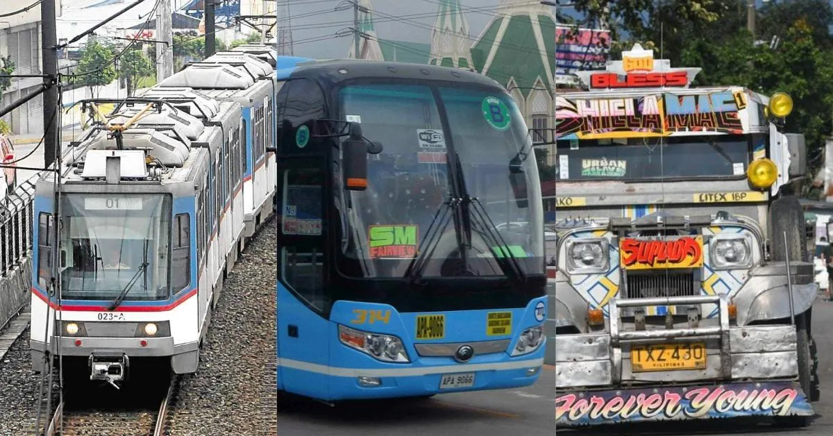 Photos of MRT train, Bus, and Jeepney