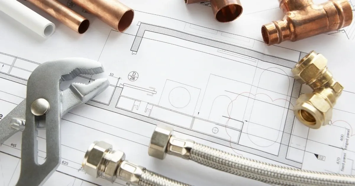 Plumbing plans on paper with materials