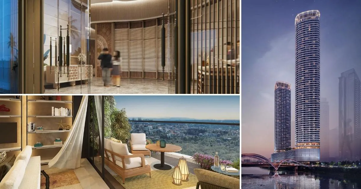 Collage of Haraya Residences tower, lobby, interior units