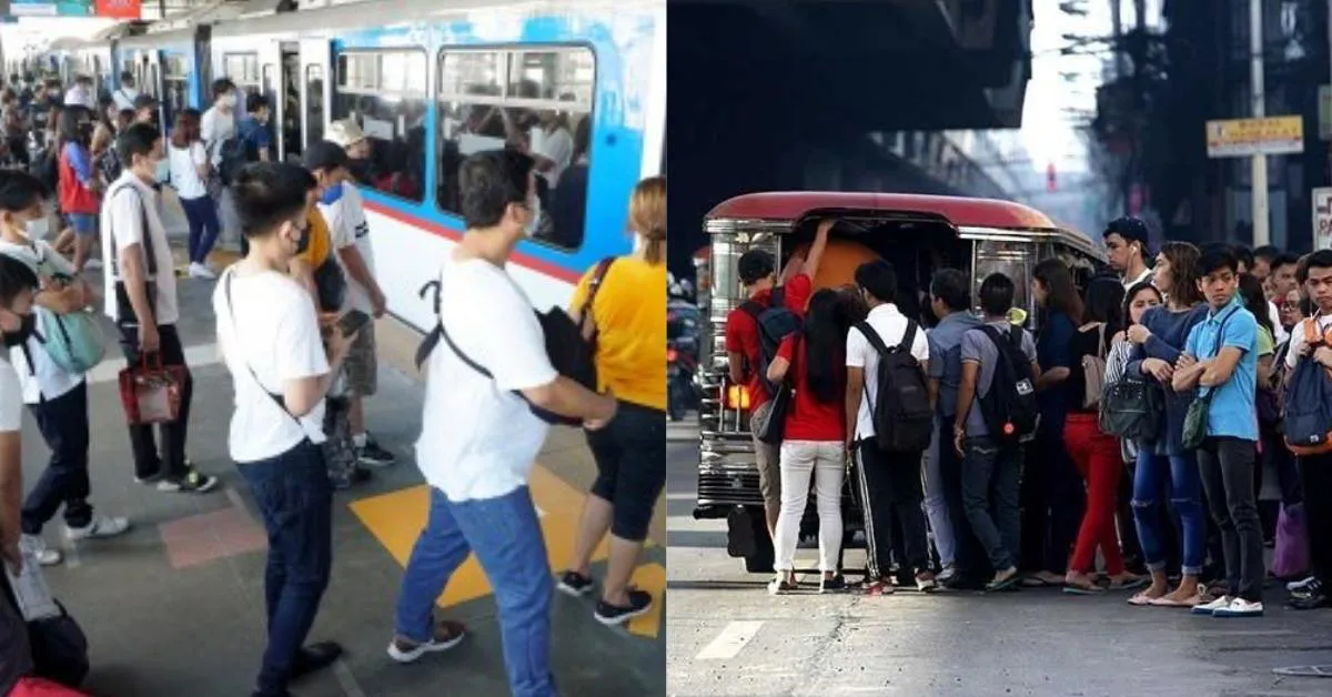 Collage photos of Filipino commuters getting in the jeepney and trains