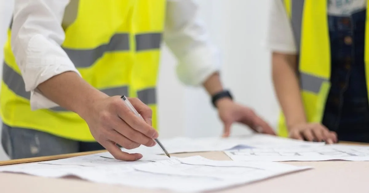 2 Men in green vests looking at drawn plates