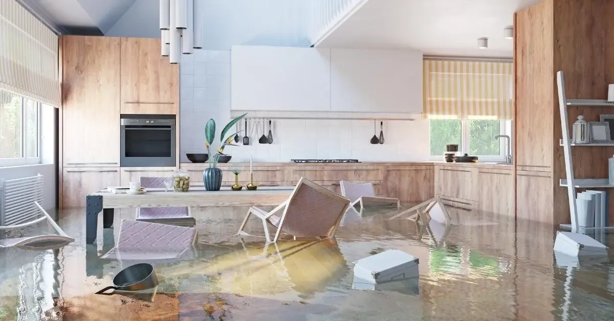 Messy and flooded kitchen in a house